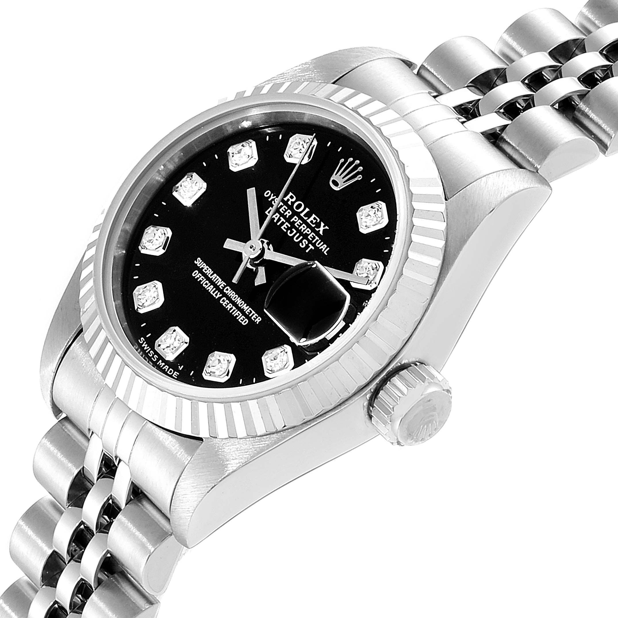 This image shows a side angle of the Rolex Datejust 69174 Women's Stainless Steel Black Dial 69174 Women's Stainless Steel Black Dial watch, highlighting the dial, bezel, crown, and bracelet.