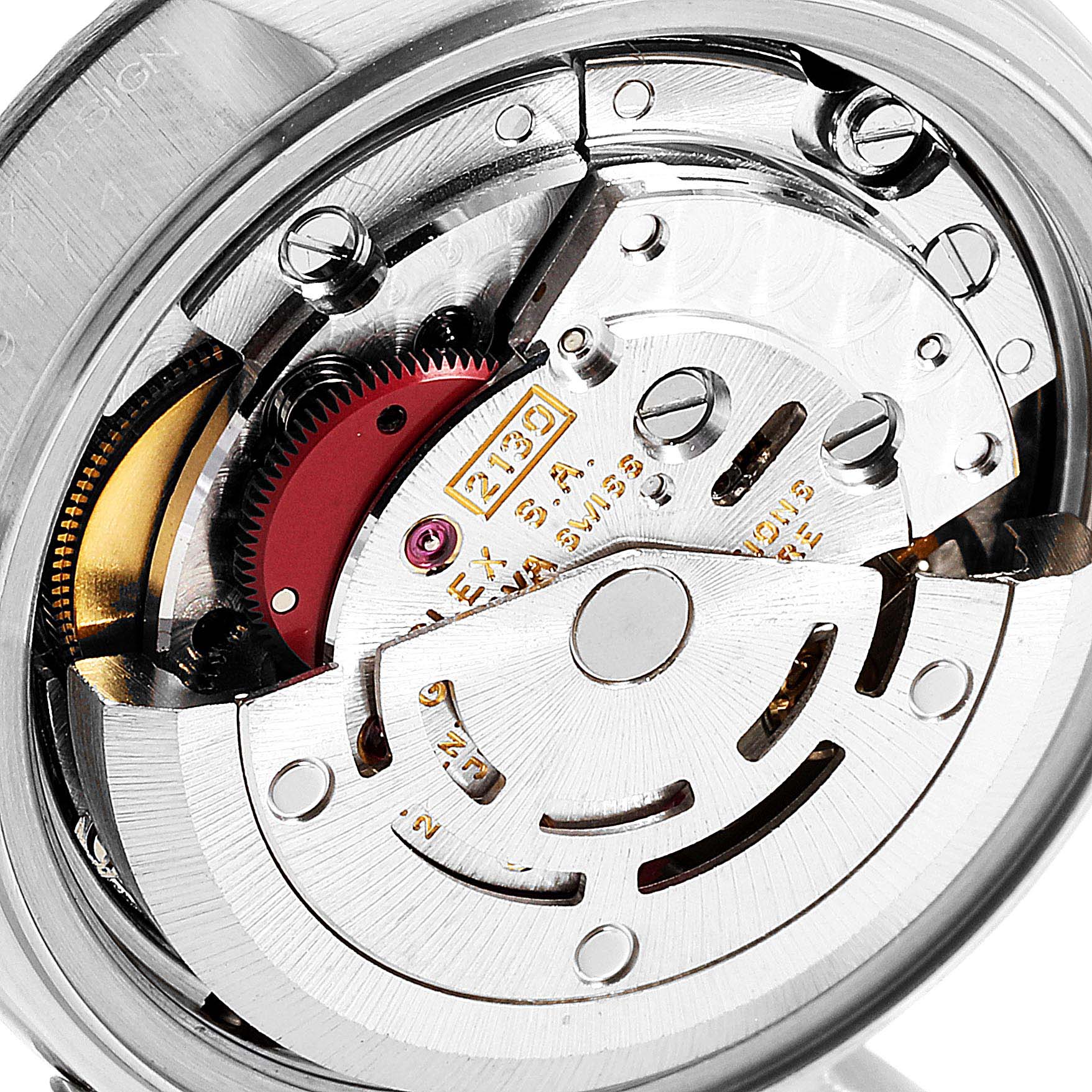 This close-up image showcases the intricate mechanical movement of a Rolex Datejust 69174 Women's Stainless Steel Black Dial 69174 Women's Stainless Steel Black Dial watch.