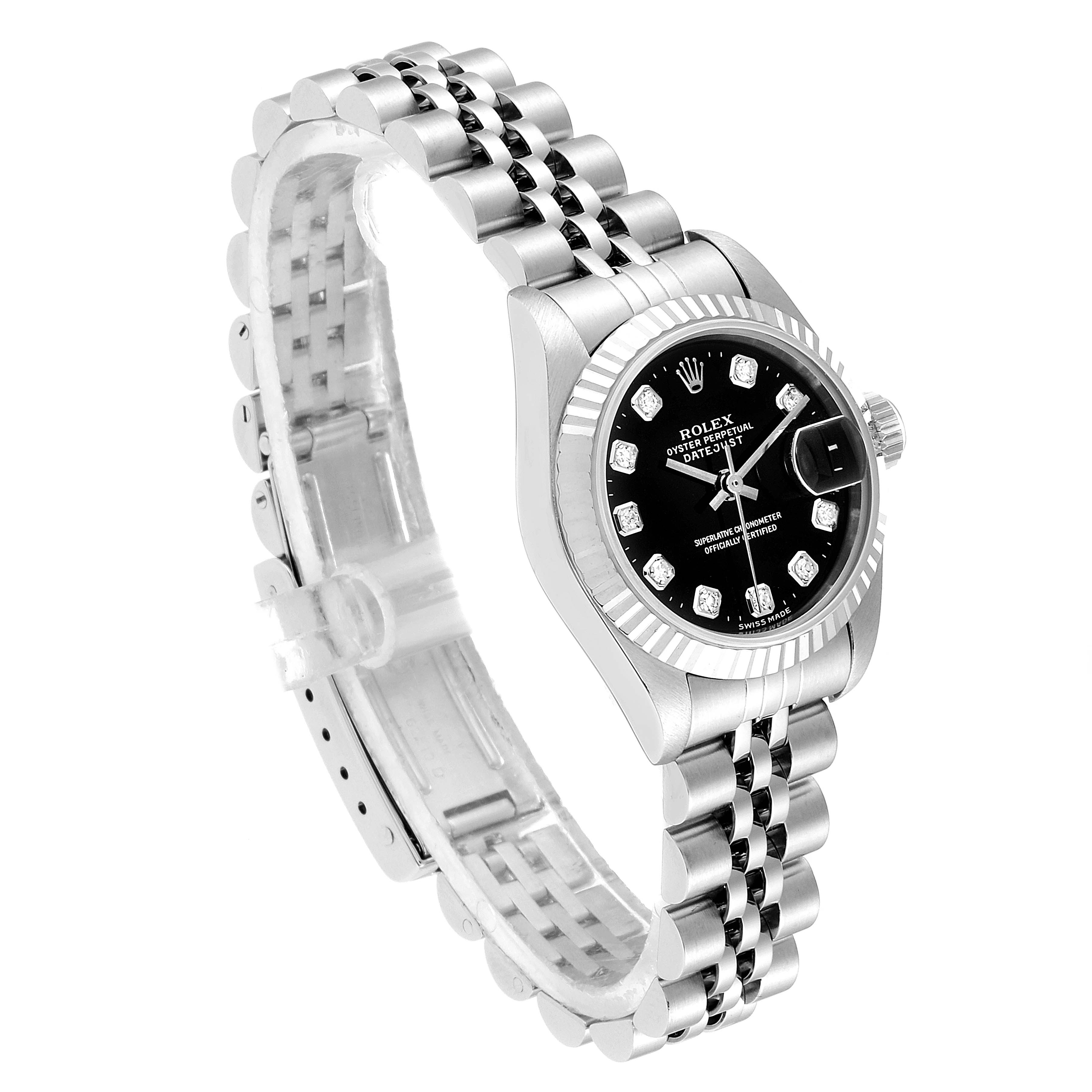 The image shows a side angle of the Rolex Datejust 69174 Women's Stainless Steel Black Dial 69174 Women's Stainless Steel Black Dial watch, highlighting its jubilee bracelet, dial, and fluted bezel.