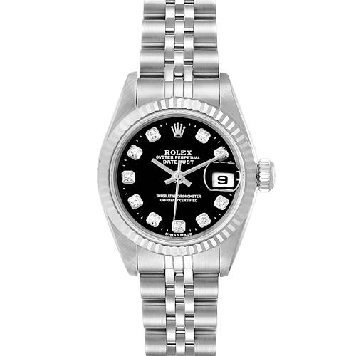 This image shows a front view of the Rolex Datejust 69174 Women's Stainless Steel Black Dial 69174 Women's Stainless Steel Black Dial watch, highlighting the bracelet, black dial, and date magnifier.