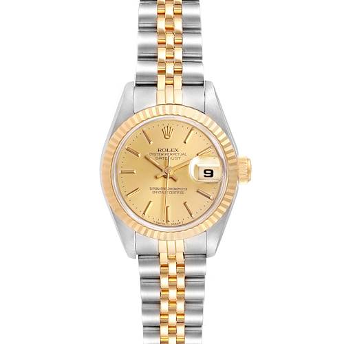 This is a front view of a Rolex Datejust 69173 Women's Steel and Gold (two tone) Champagne Dial 69173 Women's Steel and Gold (two tone) Champagne Dial watch showing its dial, bezel, and bracelet.