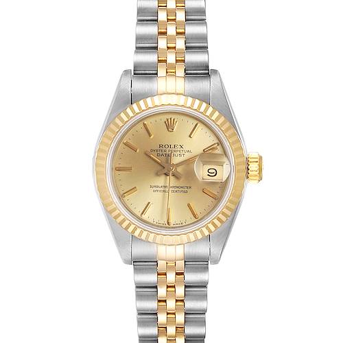 The Rolex Datejust 69173 Women's Steel and Gold (two tone) Champagne Dial 69173 Women's Steel and Gold (two tone) Champagne Dial watch is shown from a front angle, featuring its two-tone bracelet, fluted bezel, and gold dial with a date window.