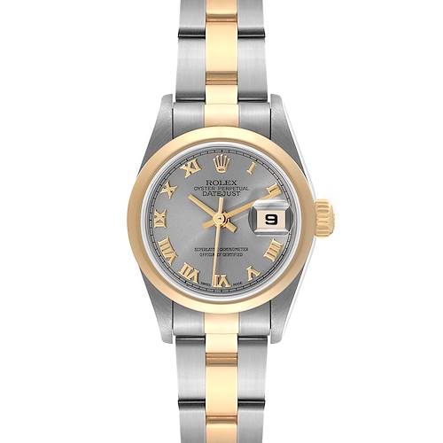 The image shows a frontal view of the Rolex Datejust 79163 Women's Steel and Gold (two tone) Grey Dial 79163 Women's Steel and Gold (two tone) Grey Dial watch, featuring a two-tone bracelet and a date window at 3 o'clock.