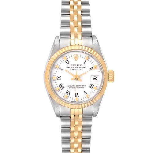 The image shows a straight-on view of a Rolex Datejust 69173 Women's Steel and Gold (two tone) White Dial 69173 Women's Steel and Gold (two tone) White Dial watch, displaying its face, bezel, crown, and part of the bracelet.