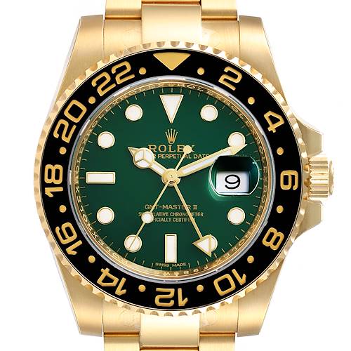 This image shows a frontal view of the Rolex GMT-Master 116718LN Men's Yellow Gold Green Dial 116718LN Men's Yellow Gold Green Dial II watch with a gold case and green dial.
