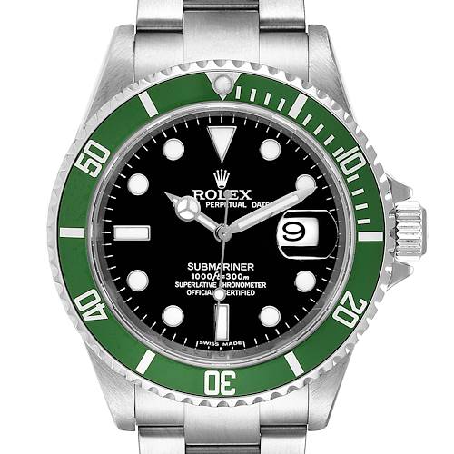 Front view displaying dial, bezel, hands, and part of the bracelet of the Rolex Submariner 16610LV Men's Stainless Steel Black Dial 16610LV Men's Stainless Steel Black Dial watch.