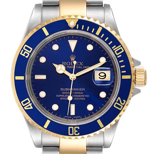 This image shows a Rolex Submariner 16613 Men's Steel and Gold (two tone) Blue Dial 16613 Men's Steel and Gold (two tone) Blue Dial watch from the front, displaying the dial, bezel, and part of the bracelet.