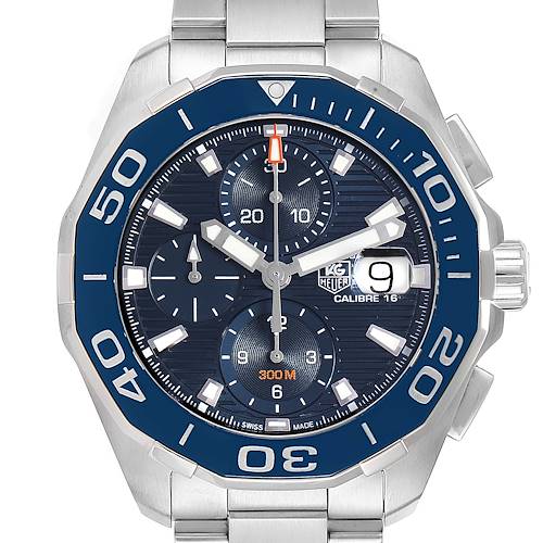 The image shows a close-up frontal view of a Tag Heuer Aquaracer CAY211B.BA0927  Men's Stainless Steel Blue Dial CAY211B.BA0927  Men's Stainless Steel Blue Dial watch, highlighting its dial, bezel, and bracelet.