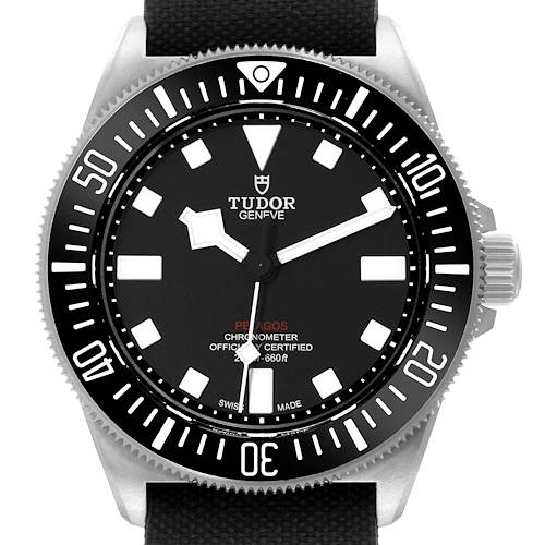 The image shows a front view of a Tudor Pelagos M25717N-0001 Men's Titanium Black Dial M25717N-0001 Men's Titanium Black Dial watch, highlighting the dial, bezel, and crown.