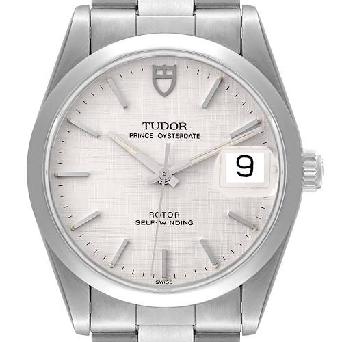 This image shows a front view of the Tudor Prince 74000N Men's Stainless Steel Silver Dial 74000N Men's Stainless Steel Silver Dial Oysterdate watch, highlighting its dial, hands, date feature, and bracelet.