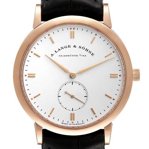 The image shows a front view of the A. Lange & Sohne Saxonia 215.032 Men's Rose Gold Silver Dial watch, displaying its dial, hands, and strap connection.