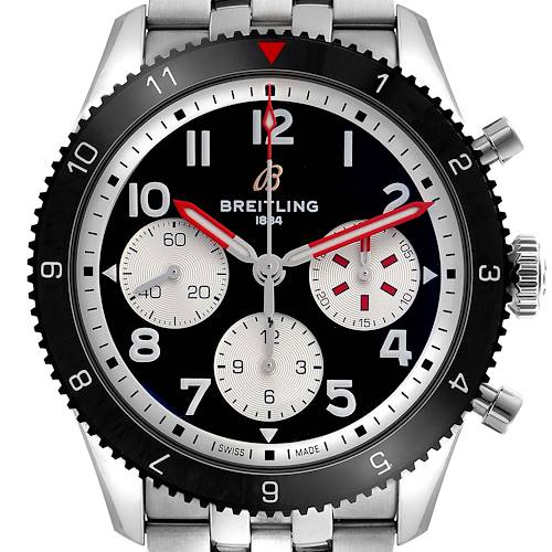 The image shows a front view of the Breitling Aviator Y233801A1B1A1 Men's Stainless Steel Black Dial Y233801A1B1A1 Men's Stainless Steel Black Dial watch, highlighting its dial, bezel, and chronograph subdials.