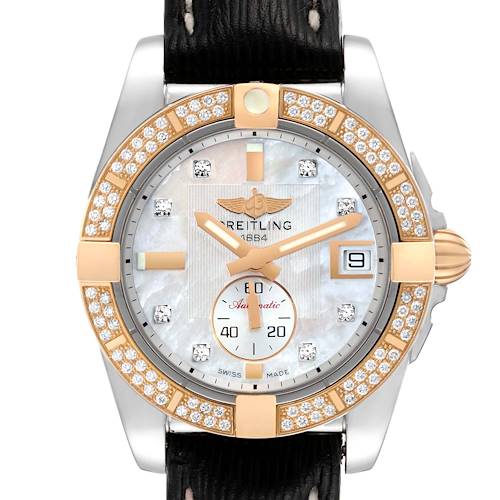 The image shows a front view of the Breitling Galactic C37330 Men's Steel and Gold (two tone) Mother of Pearl Dial C37330 Men's Steel and Gold (two tone) Mother of Pearl Dial watch, highlighting its diamond-studded bezel, dial, hands, and calendar window.
