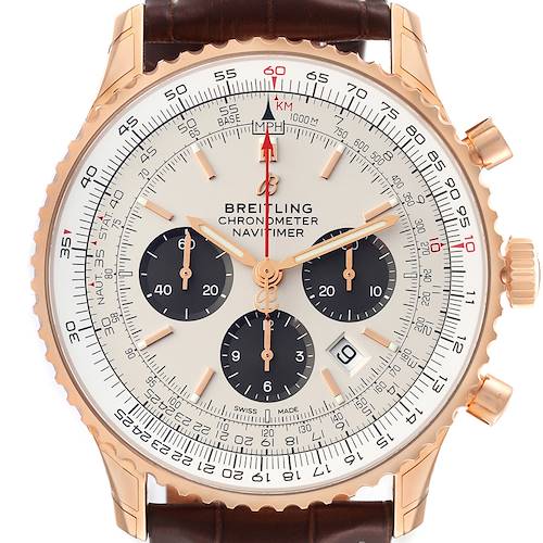 This image shows a frontal view of a Breitling Navitimer RB0127 Men's Rose Gold Silver Dial RB0127 Men's Rose Gold Silver Dial watch, highlighting the dial, subdials, bezel, and crown.