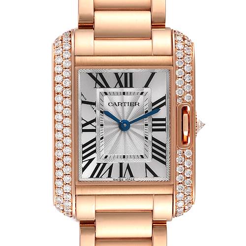 The image shows a frontal view of the Cartier Tank Anglaise WT100002 Women's Rose Gold Silver Dial WT100002 Women's Rose Gold Silver Dial watch, highlighting its rectangular face, Roman numerals, and diamond-set bezel.