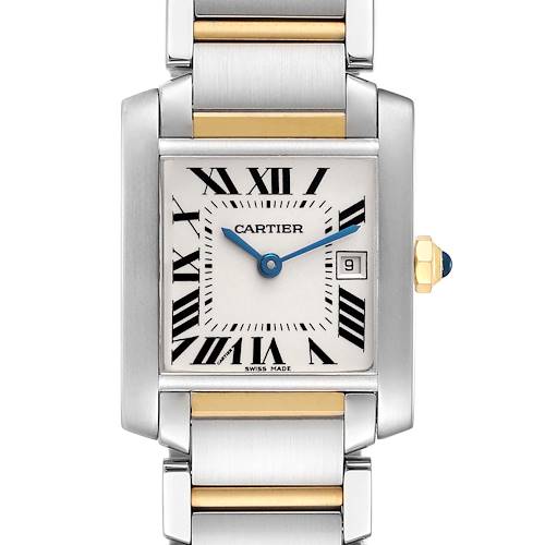 This is a front view of the Cartier Tank Francaise W51012Q4 Women's Steel and Gold (two tone) Silver Dial W51012Q4 Women's Steel and Gold (two tone) Silver Dial watch, showing the face, Roman numerals, and dual-tone metal bracelet.