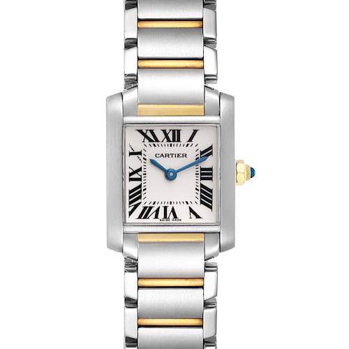 The Tank Francaise model by Cartier is shown from a front angle, displaying its face, dial, and bracelet.