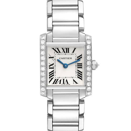 The Cartier Tank Francaise WE1002S3 Women's White Gold Silver Dial WE1002S3 Women's White Gold Silver Dial watch is shown from the front, highlighting its face, bracelet, and diamond-accented frame.
