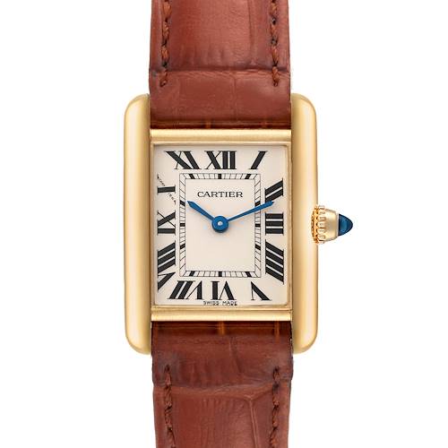 The image shows a front view of a Cartier Tank Louis W1529856 Women's Yellow Gold Silver Dial W1529856 Women's Yellow Gold Silver Dial watch with a rectangular gold case, brown leather strap, and Roman numeral dial.