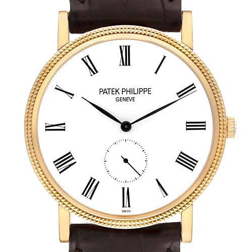 The Patek Philippe Calatrava 5119J Men's Yellow Gold White Dial 5119J Men's Yellow Gold White Dial watch is shown from the front, highlighting the Roman numerals, dial, and leather strap.