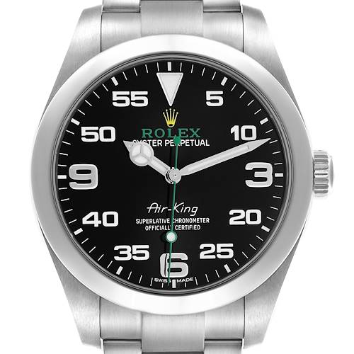 The Rolex Air-King 116900 Men's Stainless Steel Black Dial 116900 Men's Stainless Steel Black Dial watch is shown from a frontal angle, highlighting its dial, bezel, and bracelet.