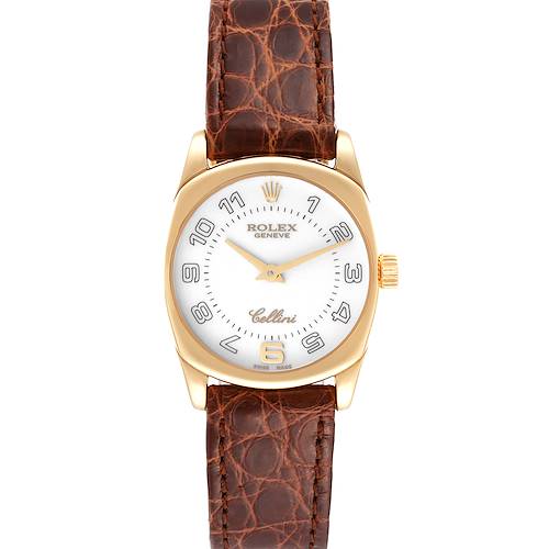 This image shows a frontal view of the Rolex Cellini 6229 Women's Yellow Gold White Dial 6229 Women's Yellow Gold White Dial watch, highlighting its dial, hands, case, crown, and leather strap.