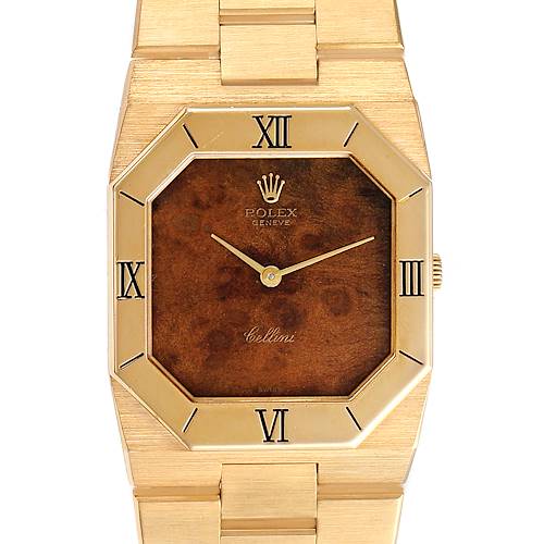 The image shows the front view of a Rolex Cellini 4350 Men's Yellow Gold Brown Dial 4350 Men's Yellow Gold Brown Dial watch, featuring its face, bezel, and part of the bracelet.
