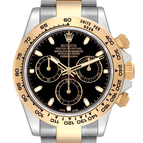 This image shows a frontal view of a Rolex Daytona 116503 Men's Steel and Gold (two tone) Black Dial 116503 Men's Steel and Gold (two tone) Black Dial watch, highlighting its dial, bezel, and chronograph subdials.