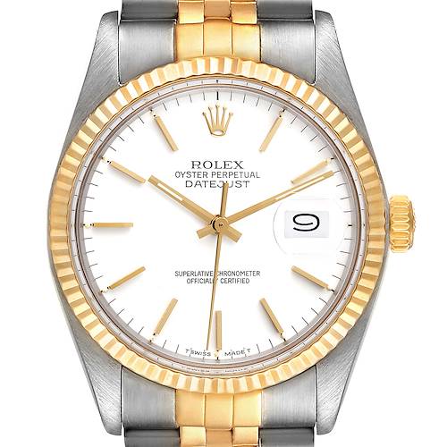 This image shows a front view of a Rolex Vintage Collection 16013 Men's Steel and Gold (two tone) White Dial 16013 Men's Steel and Gold (two tone) White Dial Datejust watch, highlighting its face, bezel, and partial bracelet.