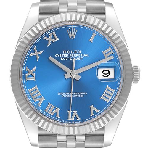 The Rolex Datejust 41 126334 Men's Stainless Steel Blue Dial 126334 Men's Stainless Steel Blue Dial is shown from a front angle, highlighting the blue dial, Roman numerals, and fluted bezel.