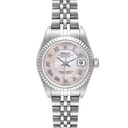 The image shows a Rolex Datejust 79174 Women's Stainless Steel Mother of Pearl Dial 79174 Women's Stainless Steel Mother of Pearl Dial watch from a front angle, highlighting the dial, bezel, bracelet, and date feature.