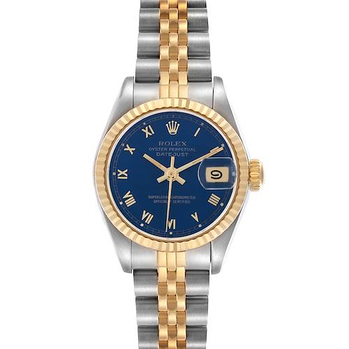 The Rolex Datejust 69173 Women's Steel and Gold (two tone) Blue Dial 69173 Women's Steel and Gold (two tone) Blue Dial watch is shown from a top-down angle, highlighting the face, fluted bezel, and two-tone bracelet.