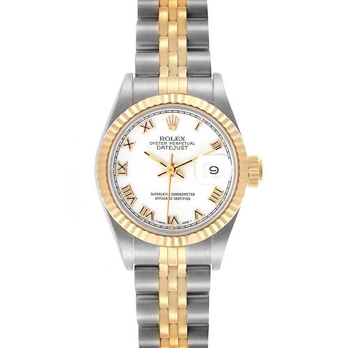 The Rolex Datejust 69173 Women's Steel and Gold (two tone) White Dial 69173 Women's Steel and Gold (two tone) White Dial watch is shown from a top-down angle, highlighting its dial, bezel, and bracelet.