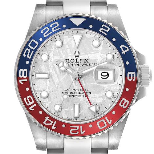 The Rolex GMT-Master 126719BLRO Men's White Gold Silver Dial 126719BLRO Men's White Gold Silver Dial watch is shown from the front, displaying the dial, bezel, hands, and part of the bracelet.