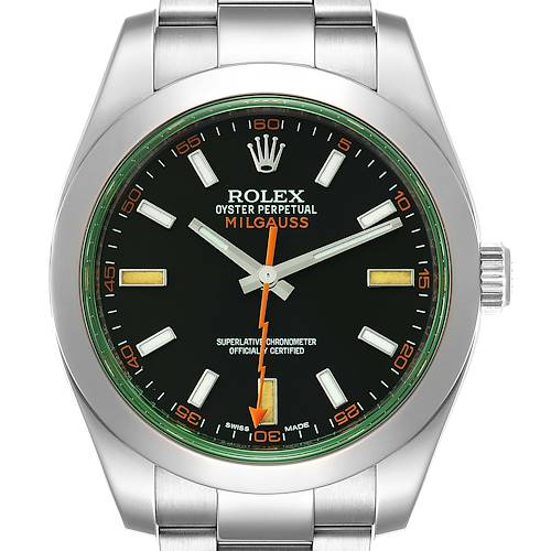 This image shows a front view of a Rolex Milgauss 116400V Men's Stainless Steel Black Dial 116400V Men's Stainless Steel Black Dial watch, highlighting its dial, hands, and stainless steel bracelet.