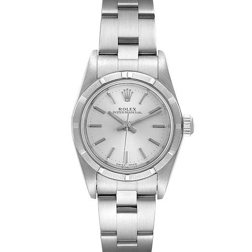 The image shows a front view of a Rolex Oyster Perpetual 76030 Women's Stainless Steel Silver Dial 76030 Women's Stainless Steel Silver Dial watch, highlighting the face, crown, and bracelet.