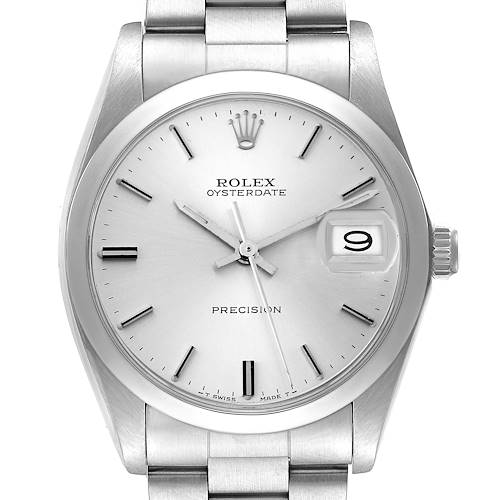 The image shows a front view of a Vintage Collection Rolex Oysterdate Precision watch, displaying the dial, crown, and part of the bracelet.