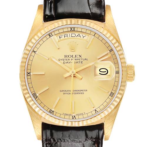 The Rolex President 18038 Men's Yellow Gold Champagne Dial 18038 Men's Yellow Gold Champagne Dial model is shown from the front, displaying the dial, bezel, and part of the leather strap.