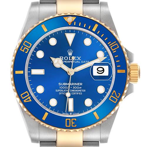 The Rolex Submariner 126613 Men's Steel and Gold (two tone) Blue Dial 126613 Men's Steel and Gold (two tone) Blue Dial watch is shown from a frontal angle, highlighting the blue dial, bezel, and gold accents.