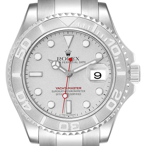This image shows a frontal view of the Rolex Yacht-Master 16622 Men's Stainless Steel Silver Dial 16622 Men's Stainless Steel Silver Dial watch, highlighting the dial, bezel, and crown.