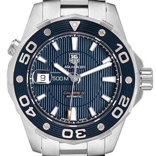 The image shows a front view of the Tag Heuer Aquaracer WAJ2112 Men's Stainless Steel Blue Dial WAJ2112 Men's Stainless Steel Blue Dial watch, highlighting the dial, bezel, crown, and part of the bracelet.