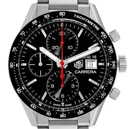 The image shows a front view of the Tag Heuer Carrera CV201AK Men's Stainless Steel Black Dial CV201AK Men's Stainless Steel Black Dial watch, highlighting the dial, subdials, date window, and tachymeter bezel.