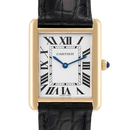 This is a close-up view of the Cartier Tank Solo W5200004 Men's Yellow Gold Silver Dial W5200004 Men's Yellow Gold Silver Dial watch, showing the face, bezel, crown, and part of the strap.
