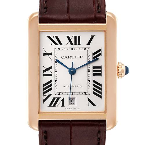 The image shows a front view of the Cartier Tank Solo W5200026 Men's Rose Gold Silver Dial W5200026 Men's Rose Gold Silver Dial watch, highlighting its dial, case, crown, and leather strap.