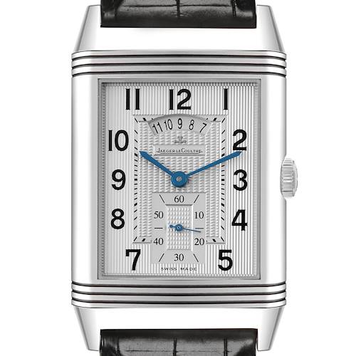 The Jaeger-LeCoultre Reverso watch is shown from the front, featuring the dial, hands, and crown.