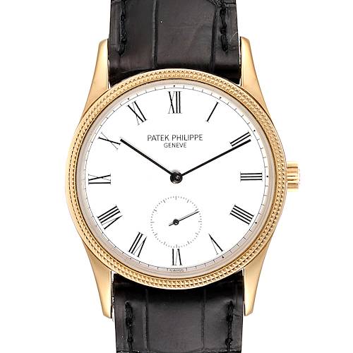 The image shows a front view of the Patek Philippe Vintage watch, displaying its face, crown, and leather strap.