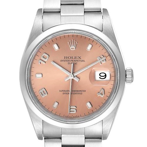 This image shows a front view of a Rolex Date 15200 Men's Stainless Steel Pink Dial 15200 Men's Stainless Steel Pink Dial model watch, displaying the watch face, crown, and part of the bracelet.