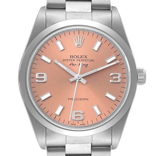 The image shows the front view of a Rolex Air-King 14000 Men's Stainless Steel Pink Dial 14000 Men's Stainless Steel Pink Dial watch, featuring a coral dial with luminescent markers and a stainless steel bracelet.