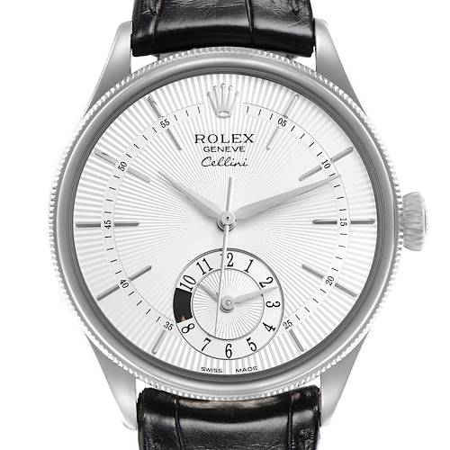 The Rolex Cellini 50529 Men's White Gold Silver Dial 50529 Men's White Gold Silver Dial watch is shown from the front, highlighting its dial, hands, indices, and leather strap.