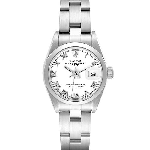 This is a front view of the Rolex Date 79160 Women's Stainless Steel White Dial 79160 Women's Stainless Steel White Dial model, showing the dial, bracelet, and crown.